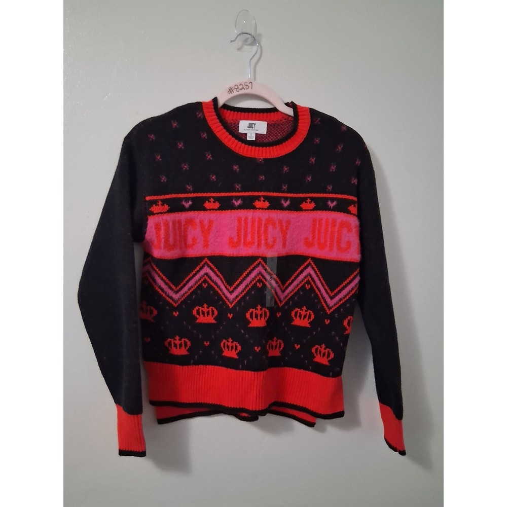 Juicy by Juicy Couture Women Black Orange Pink Crown Logo Fair Isle Sweater S